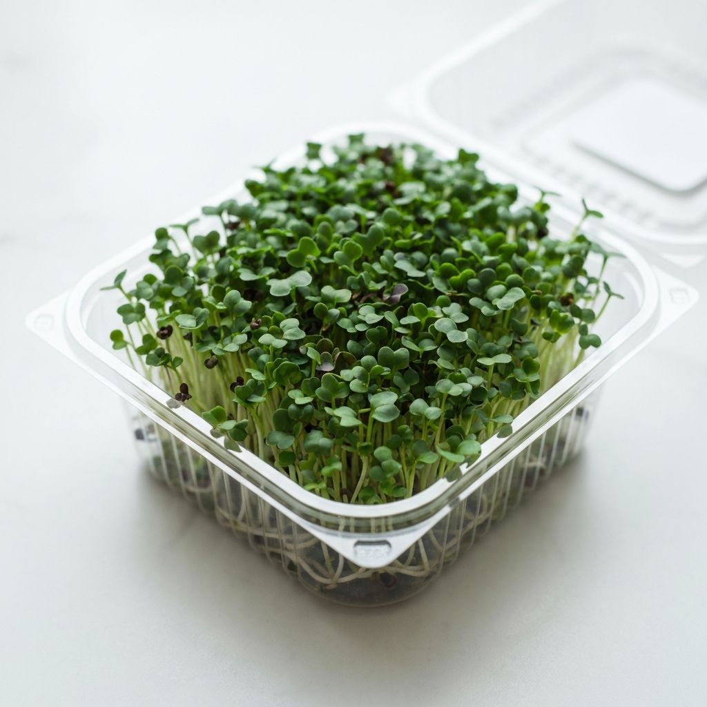 Broccoli microgreens growing in container - close up view